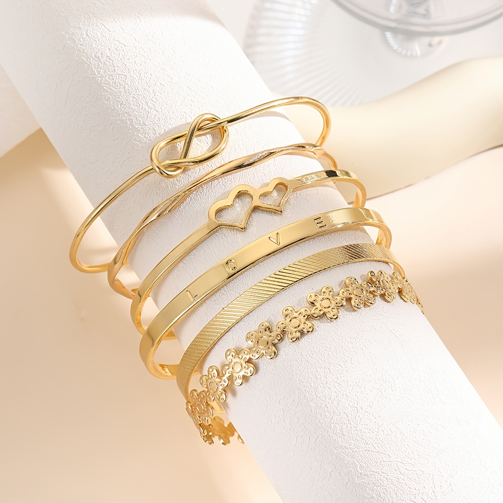 6pcs Vintage Creative Double Heart Flower Knot Bangle Bracelet Set